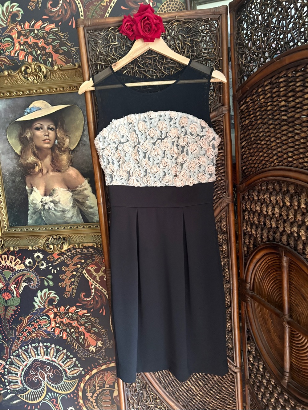 J. Peterman Size 2 Black Blush 3D Rose Lace Cocktail Dress